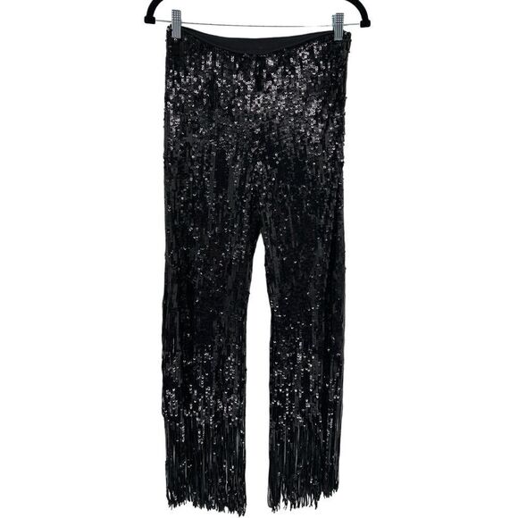 H&M Studio S/S 2021 Fringed Meshed Sequin Black Trousers Size 2 - Picture 2 of 11